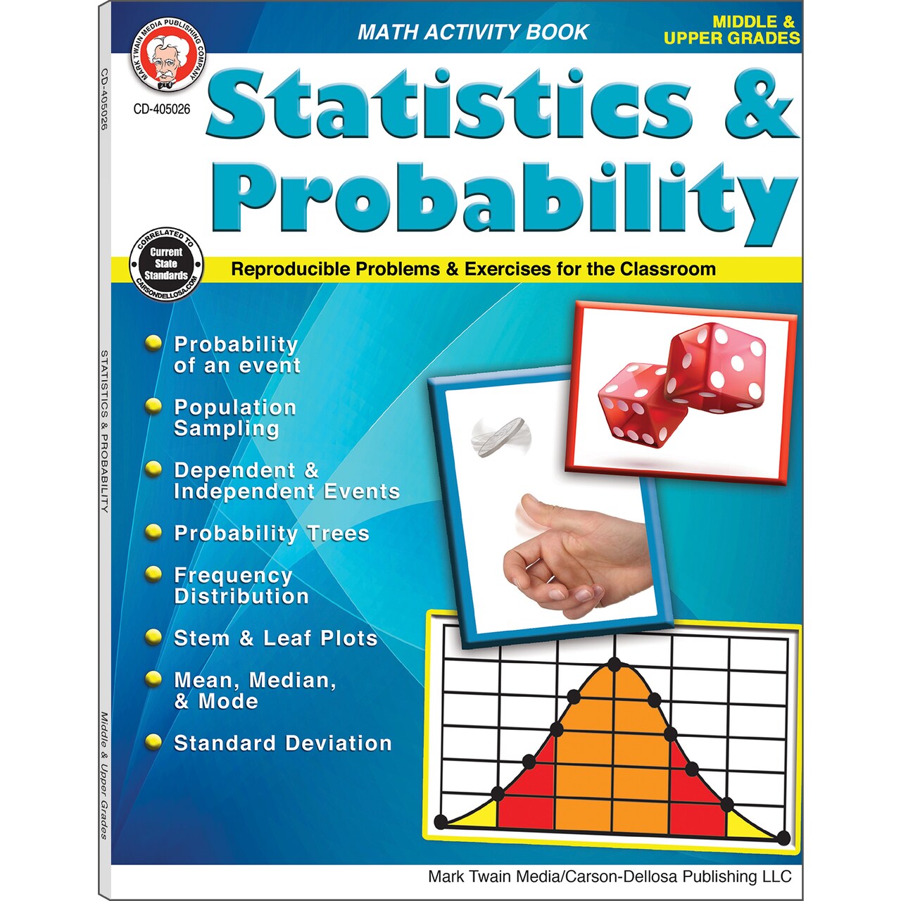 Mark Twain Media Statistics & Probability Math Workbook, Grades 5-12 Math Practice With Probabilities, Standard Deviation, Mean, Median, and Mode, STEM and Leaf Plots (80 pgs)